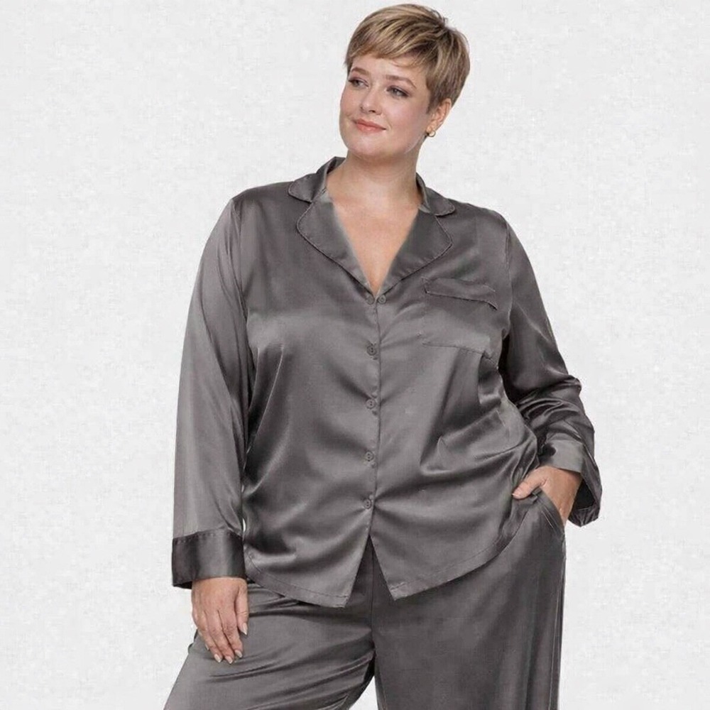 SKIMS Silk Pajama Top Button Front‎ Gunmetal Womens 4X